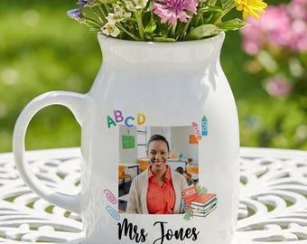 Teacher Photo Vase, Personalized Ceramic Pitcher Vase for Teacher, Custom Class Photo Flower Vase, Appreciation Gift