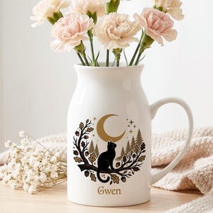 Jarrón personalizado para amantes de los gatos, jarrón personalizado con nombre para gato negro, regalo conmemorativo de luna y estrellas para dueños de gatos.