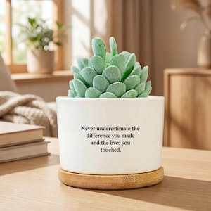 Puede incluir: Una maceta de cerámica blanca con una planta suculenta verde, sobre un posavasos de bambú. La maceta tiene el texto "Never underestimate the difference you made and the lives you touched."