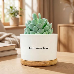 Puede incluir: Una maceta de cerámica blanca con la frase "faith over fear" contiene una planta suculenta verde. La maceta se encuentra sobre un posavasos redondo de bambú marrón claro. El fondo incluye una ventana y muebles de madera.