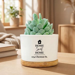 May include: A white ceramic pot with a succulent plant, sitting on a wooden coaster. The pot has the words "HOME Sweet HOME" and "1234 Chestnut St." printed in black. The succulent is a light green color.