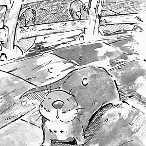 May include: A monochrome illustration featuring an otter and pigeons. The otter, with a large head, is in the foreground. Pigeons are visible in the background, peering from behind wooden planks, creating a rustic scene.