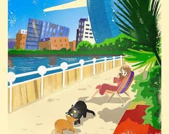 Limerick Beach Print: Summer Cats, Cityscape (A4 Art Print)