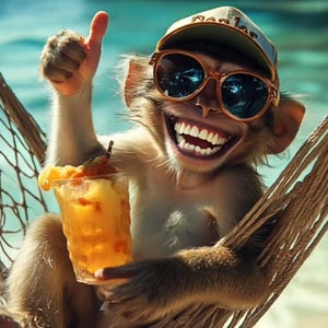 Op de afbeelding: Een lachende aap met een zonnebril en pet, die een duim omhoog geeft terwijl hij in een hangmat ligt. De aap houdt een tropisch drankje met een rietje vast. De achtergrond toont een strand en de oceaan.