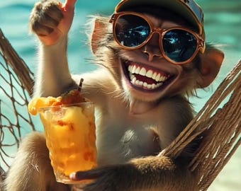 Charming Monkey Relaxing in Hammock with Tropical Drink