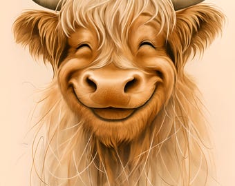 Smiling Highland Cow Portrait – Whimsical Animal Art Illustration