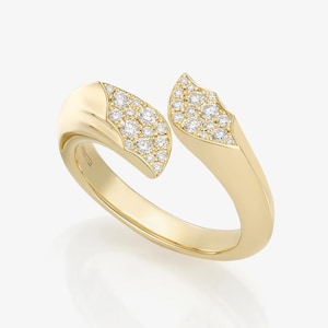 0.27 Ct Pavé Diamond Split Wing Gold Band – Unique Open Wrap Ring, 14K Yellow Gold Statement Jewelry, Modern Elegant Gift for Her