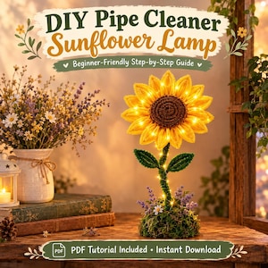 May include: A DIY Pipe Cleaner Sunflower Lamp craft project featuring a bright yellow sunflower with a brown center and integrated warm LED lights, set on a mossy base with small purple flowers. Text reads: DIY Pipe Cleaner Sunflower Lamp.