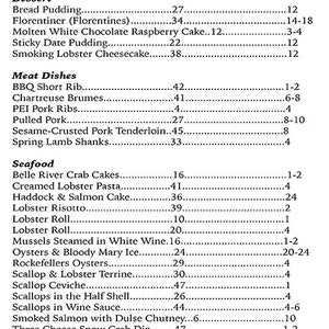 May include: A black and white menu with a list of food items and their corresponding page numbers and serving sizes. The menu is divided into sections for bread, dessert, meat dishes, seafood, and soups.