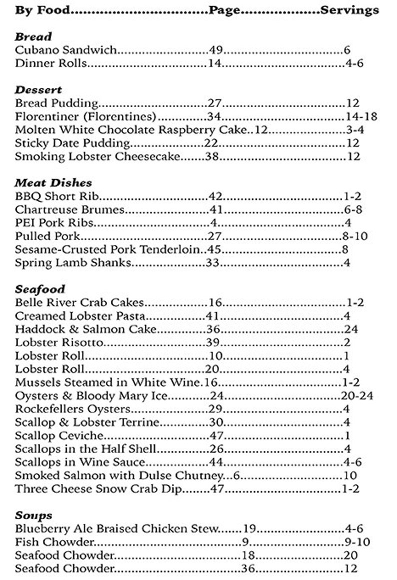 May include: A black and white menu with a list of food items and their corresponding page numbers and serving sizes. The menu is divided into sections for bread, dessert, meat dishes, seafood, and soups.