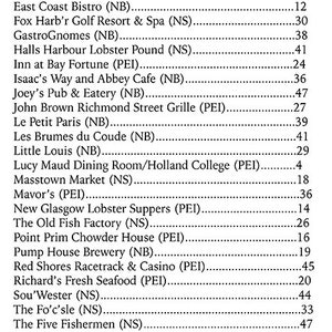 May include: A list of restaurants in the Canadian provinces of Nova Scotia (NS), Prince Edward Island (PEI), and New Brunswick (NB). The list includes the restaurant name, location, and a number next to each restaurant.