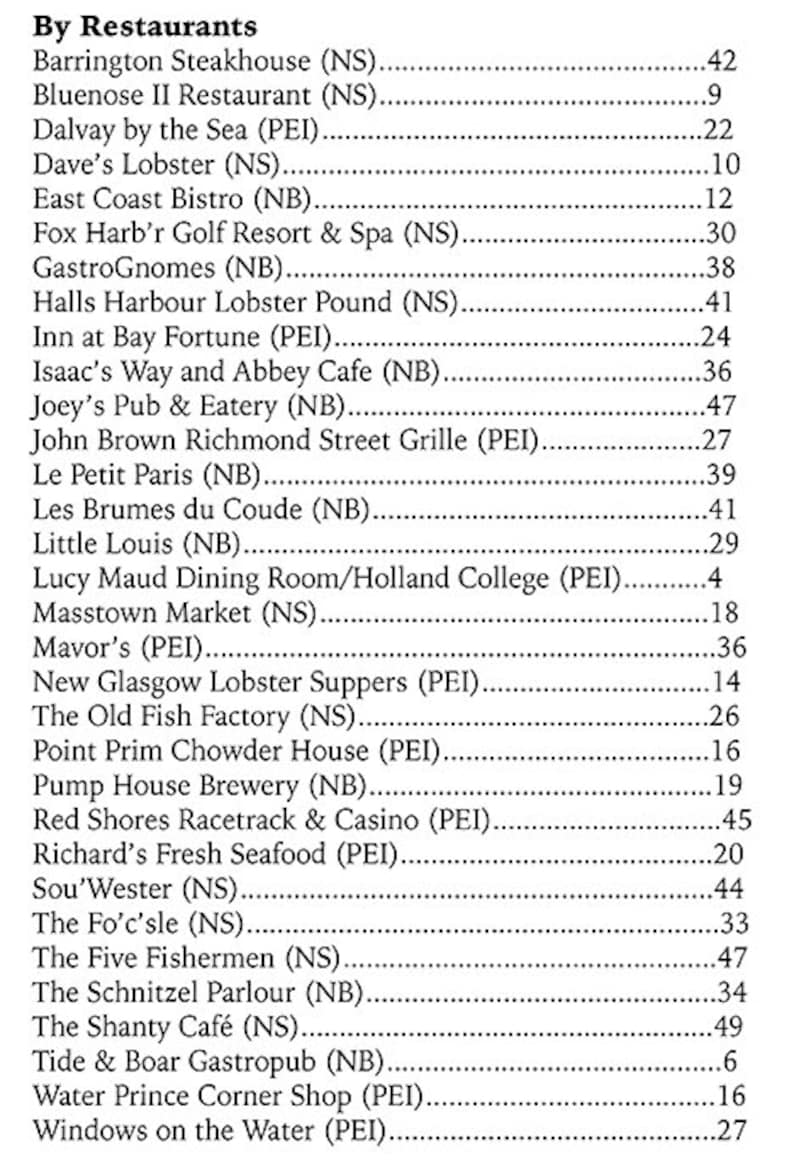 May include: A list of restaurants in the Canadian provinces of Nova Scotia (NS), Prince Edward Island (PEI), and New Brunswick (NB). The list includes the restaurant name, location, and a number next to each restaurant.