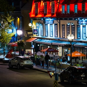 1640 Bistro in Old Quebec City during the fall with umbrellas, Quebec City photography, Quebec City art, travel print, Old Quebec,