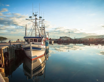 May include: A white fishing boat named "Helene Marie" is docked at a pier with other boats. The water is calm and reflects the sky and clouds.