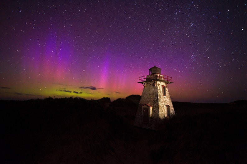 8.5x11 Aurora Northern Lights visit Lighthouse on Prince Edward Island, PEI Art, Prints, Photo, Living Room Wall Art, borealis, Canada image 1