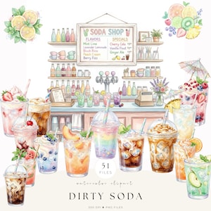 May include: A watercolour illustration of a soda shop, showcasing a variety of colourful drinks in clear plastic cups. The shop has a menu board with flavours and specials. The image includes the text "Dirty Soda" and "51 Files."