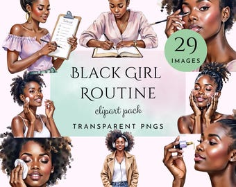 Black Girl Routine Clipart Pack, Self Care for Commercial use (Digital Download)