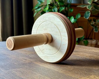 Drewniane kółko do ćwiczeń mięśni brzucha – ręcznie robiony przyrząd do treningu mięśni brzucha, wysokiej jakości sprzęt do ćwiczeń w domu, ekologiczny prezent fitness, kółko do ćwiczeń mięśni brzucha z uchwytem skórzanym