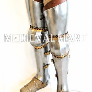 MEDIEVALMART Greaves knight full Legs Armor Brown and Gold Design ~ Medieval Steel SCA Arms Guard Gift for Halloween