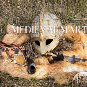 MEDIEVALMART Medieval Viking Vendel Period Broa Helmet with Bass Decoration and Titanium Chain mail ~ Handmade Worden&#39;s Warriors Head Armor