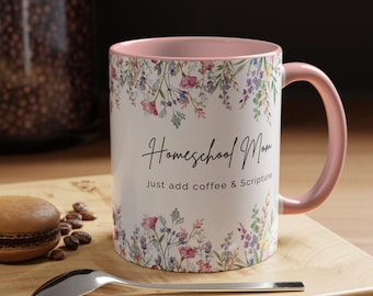 Taza para mamás que educan en casa: Taza de café cristiana con diseño floral en acuarela.