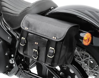 Set of 2 Black Leather Motorcycle Saddle Bags – Left & Right Side Panniers, Heavy Duty Biker Storage Bags