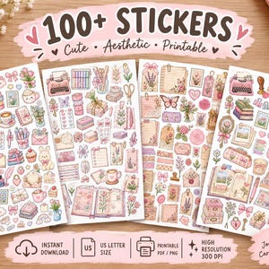 May include: Four sheets of printable stickers featuring a collection of over 100 illustrations in soft pink and pastel tones. The designs include typewriters, books, flowers, butterflies, coffee cups, stationery, and various decorative icons.