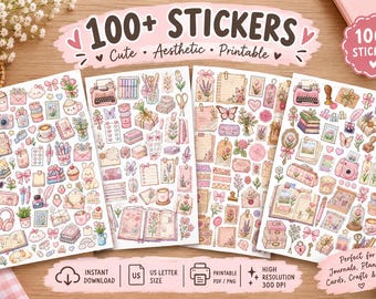 Ausdruckbare Stickerbögen, Cottagecore-Journal-Sticker-Set, Planer-Sticker, niedliche Scrapbook-Sticker (PNG), digitaler Download, Kawaii-Sticker