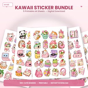 Puede incluir: Un paquete de descarga digital de 5 hojas A4 imprimibles con más de 100 pegatinas de estilo kawaii. Los diseños incluyen varios animales, flores, artículos de papelería y objetos domésticos en una paleta de colores rosa y pastel.