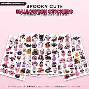 May include: Five digital sticker sheets featuring pink, black, and orange Halloween-themed illustrations. Text reads: SPOOKY CUTE HALLOWEEN STICKERS PINK GOTH KAWAII STICKER SHEET BUNDLE. Includes ghosts, cats, pumpkins, bats, and potions.