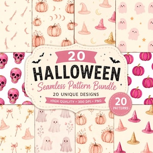 Pacchetto di motivi Kawaii Halloween senza soluzione di continuità, zucca rosa, fantasma, gatto, scheletro, download digitale, motivi stampabili senza soluzione di continuità, download immediato in formato PDF