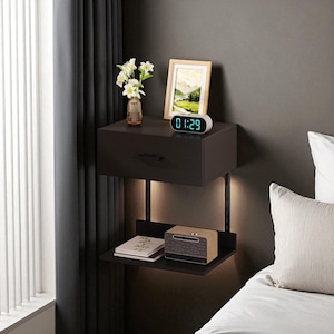 May include: A dark brown floating nightstand with a drawer, a lower shelf, and a built-in light. The nightstand holds a digital clock, a framed picture, a vase of flowers, a book, and a small speaker. The clock displays the time 01:29.