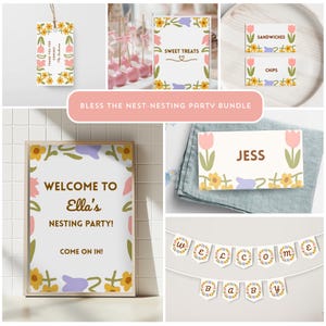 Bless the Nest Baby Shower-paket: Redigerbar inbjudan, skylt och kort (digital nedladdning)
