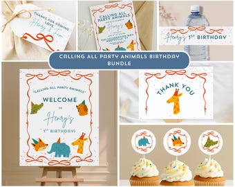 May include: A collection of party supplies with a "Calling All Party Animals" theme. Includes a welcome sign, thank you card, cupcake toppers, and water bottle label. The design features cartoon animals and the text "Henry's 1st Birthday".