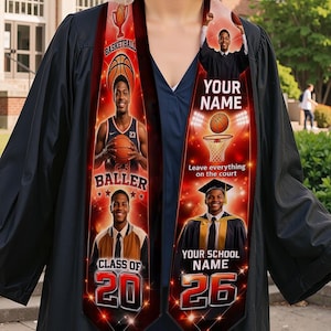 Personalized Basketball Graduation Stole, Custom Photo Sash, Player Name School Year