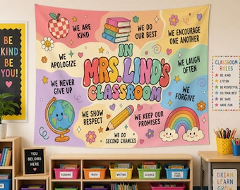 Gepersonaliseerd tapijt met klasregels: aangepaste naam leraar retro pastel muurdecoratie