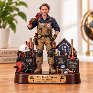 May include: A figurine of a plumber wearing tan overalls and a dark blue shirt, holding a red pipe wrench. The base features a plaque reading Michael Carter Plumber Honor Skill Service, surrounded by miniature tools, pipes, and a white hard hat.