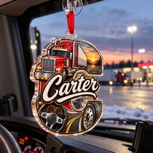 Op de afbeelding: Een doorzichtige acryl hanger in de vorm van de letter C, met een afbeelding van een rode vrachtwagen, een stuurwiel en een band. De naam Carter staat in witte letters in het midden. Het hangt aan een rood lint met een zuignap.