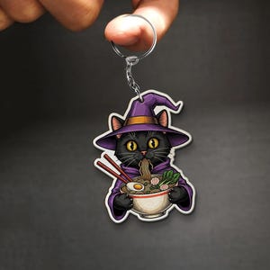 Black Cat Witch Ramen Keychain: Kawaii Halloween Kitty, Anime Food