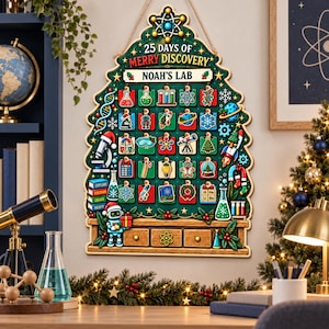 May include: A Christmas tree-shaped advent calendar with a dark green background, featuring the text 25 DAYS OF MERRY DISCOVERY and NOAH'S LAB. It includes twenty-five numbered square compartments with science-themed icons and a robot at the base.