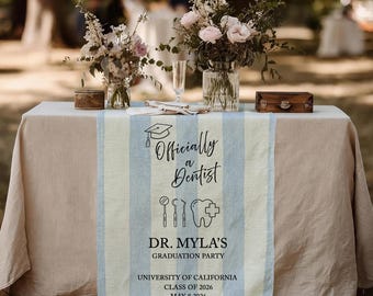 Personalized Dentist Graduation Table Runner: Custom Blue Striped Dental School Decor