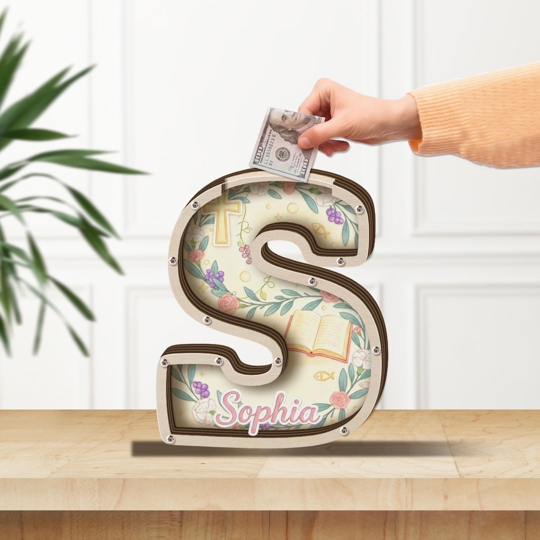 Coin Bank Lettering Personalized Piggy Bank Wooden Letter Coin Box, Christian Symbol Design ...