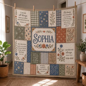 Personalized Bible Verse Quilt Blanket: Custom Floral Patchwork Scripture Throw