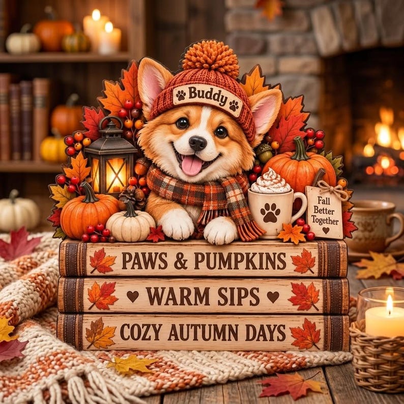 Personalized Fall Dog Wooden Block Decor.