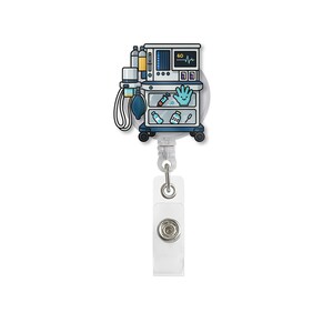 May include: A medical-themed retractable badge reel featuring a cartoon illustration of an anesthesia machine. The design includes a monitor displaying a heartbeat, a blue oxygen bag, and various medical supplies. The reel has a white clip and a silver retractable cord.