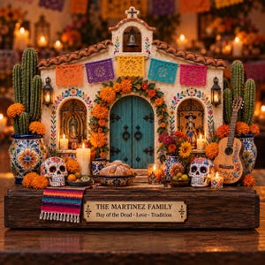 Puede incluir: Una iglesia en miniatura decorativa con puerta turquesa, guirnaldas de cempasúchil naranja, coloridas banderas de papel picado, dos calaveras de azúcar pintadas, cactus en macetas estampadas, una guitarra y una placa que dice THE MARTINEZ FAMILY Day of the Dead - Love - Tradition.