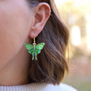 Luna Moth Dangle Earrings: Green Acrylic Butterfly Jewelry