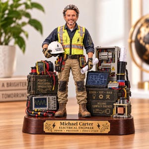 May include: A figurine of an electrical engineer wearing a high-visibility vest, tan cargo pants, and brown boots. The figure holds a white hard hat and blueprints, standing on a wooden base with a plaque reading Michael Carter Electrical Engineer.