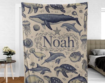 Personalized Fleece Blanket: Ocean Animals Design, Kids Name Bedding