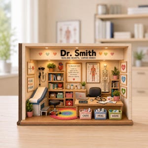 May include: A miniature doctor's office diorama featuring a desk with a nameplate reading Dr. Smith, a medical examination table, a human skeleton model, bookshelves, and three storage bins labeled Care, Heal, and Hope with internal lighting.